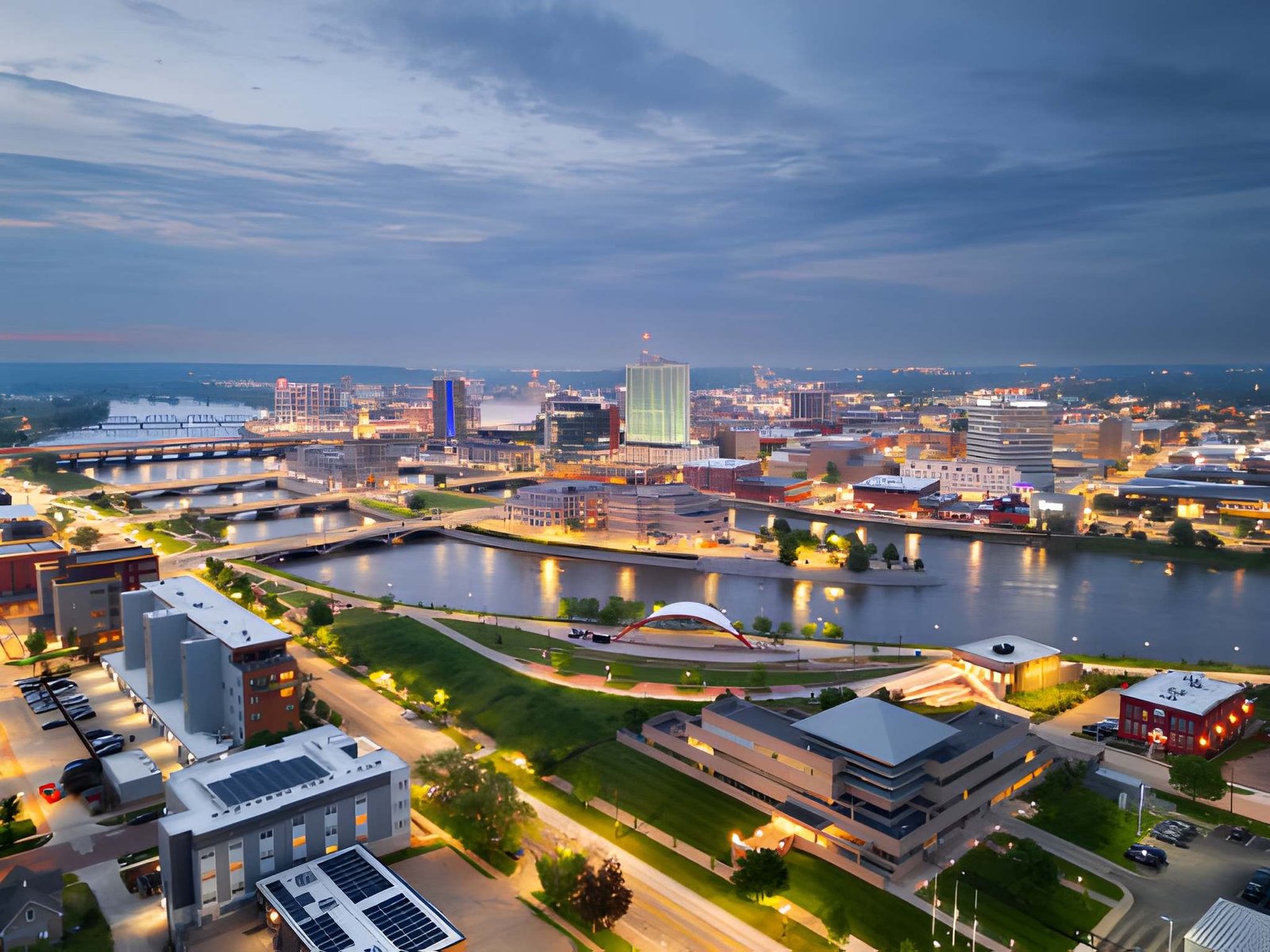Evening view of downtown Cedar Rapids and the Cedar River