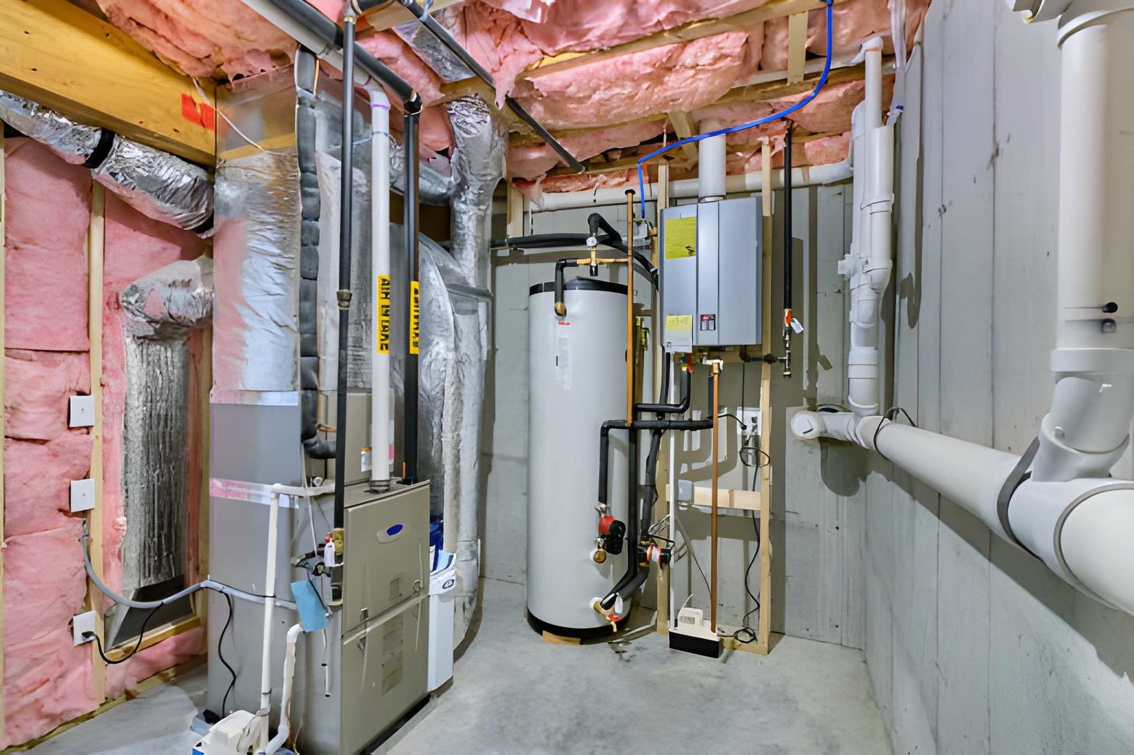 Utility room with a furnace, insulated ductwork and a water heater