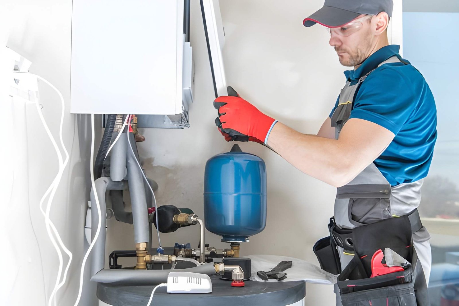 Technician in red gloves and safety glasses installing a heating unit with an expansion tank and pipework