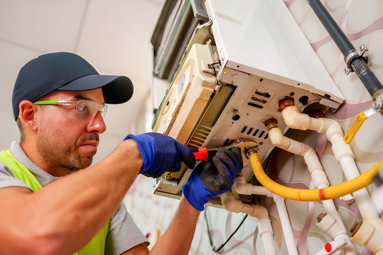 Technician in safety glasses and gloves repairing a furnace with a screwdriver