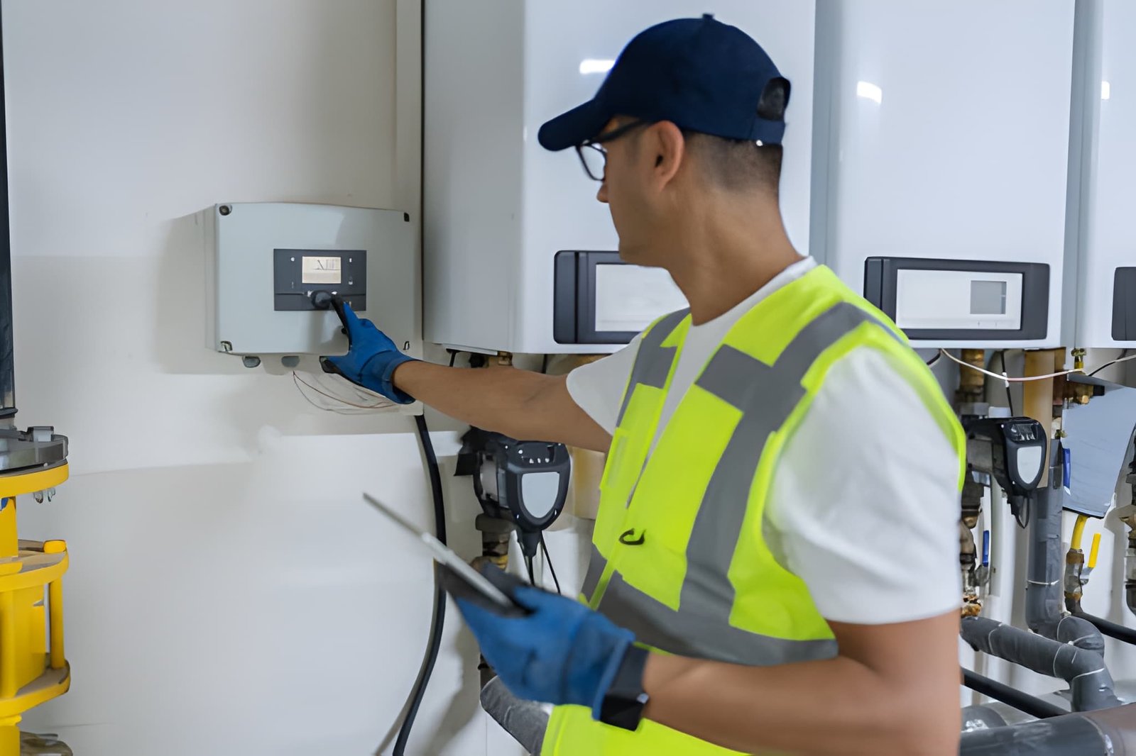 Technician in a safety vest checking a heating system control panel with a tablet