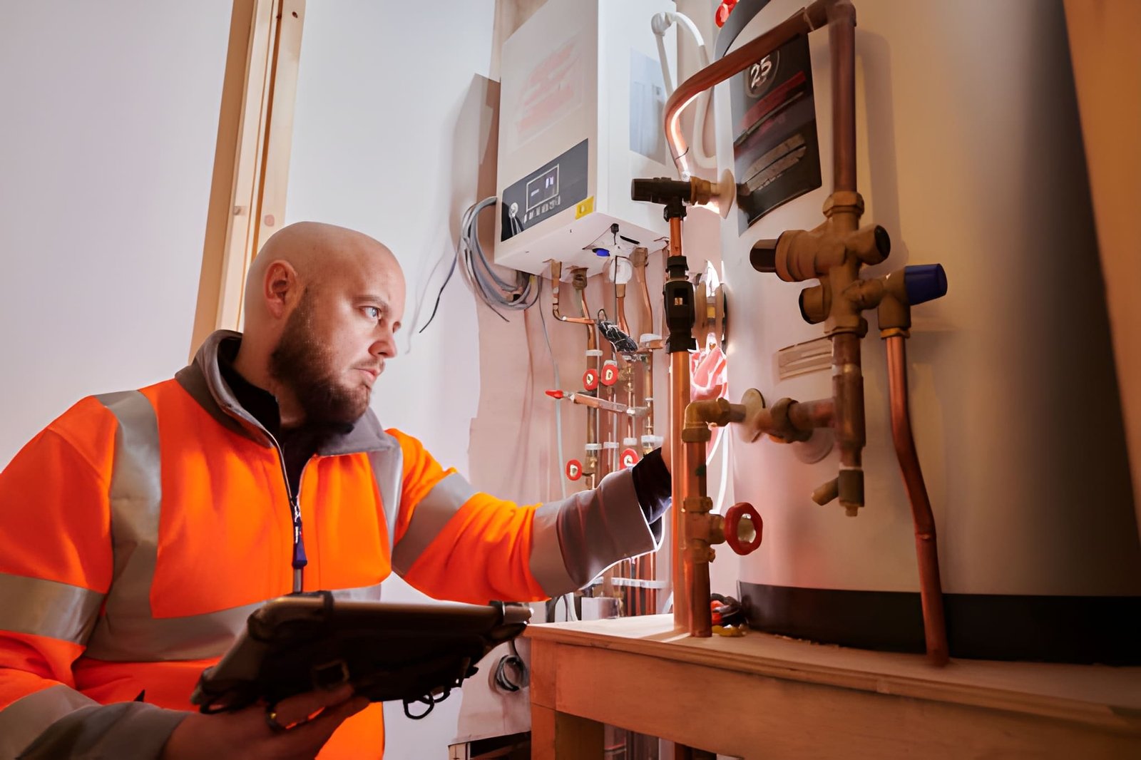 HVAC technician in a high-visibility jacket checking a heating system with a tablet