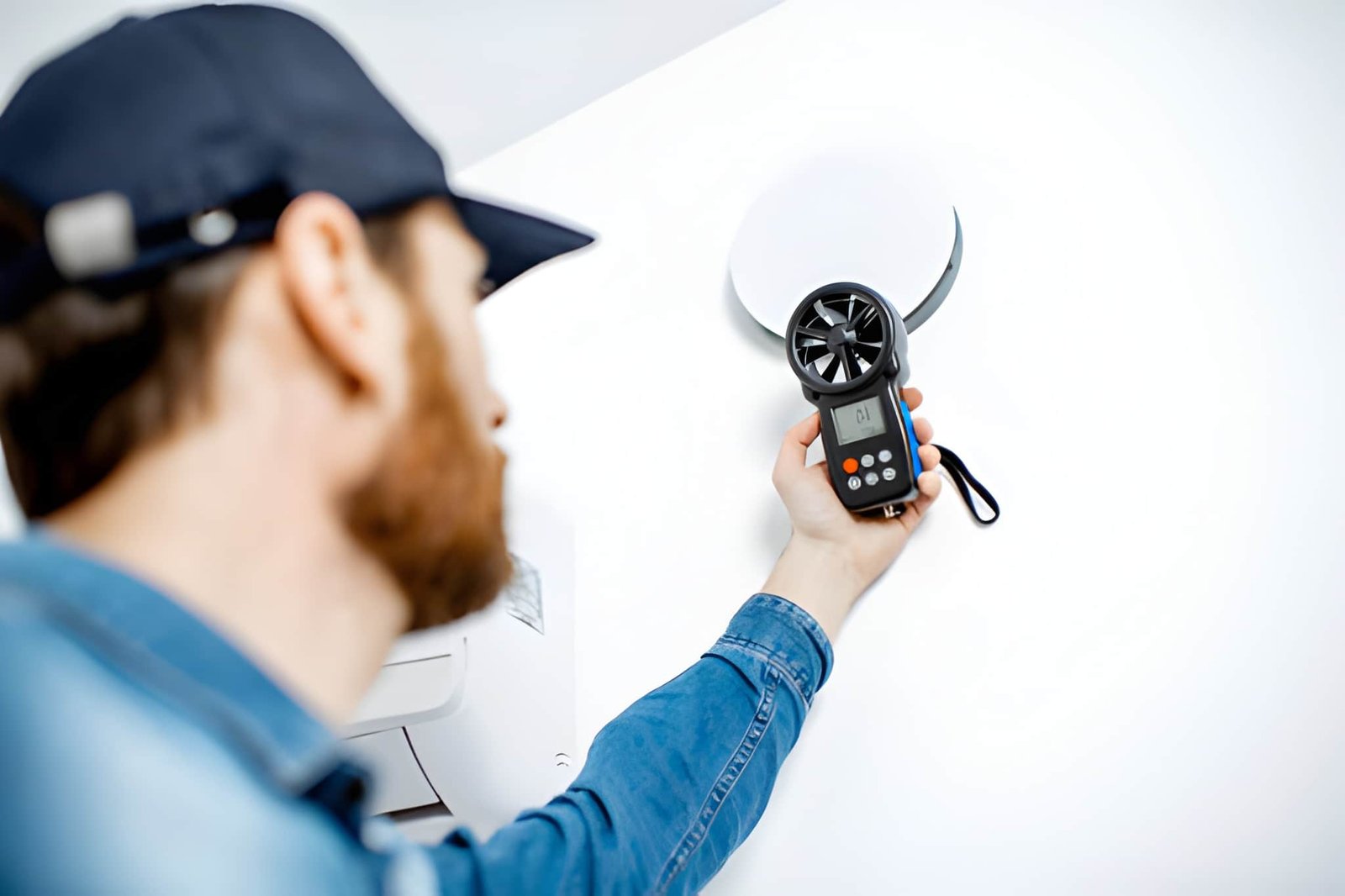 Technician measuring airflow at a ceiling vent with a handheld meter